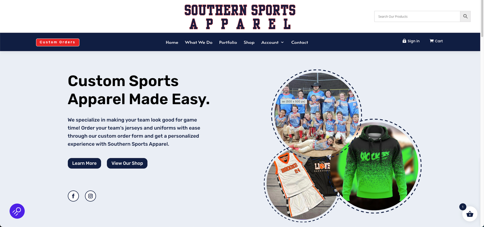 southern sports apparel home page screenshot